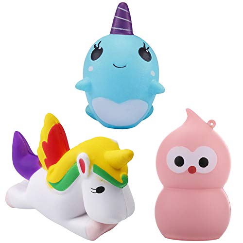 acetek Squishy Toys 3 Pcs, Cute Kawaii Stress Relief Squeeze Squishies Toy, Unicorn, Bird, Whale, Lovely Slow Rising Jumbo Animal Squishy Miniature Novelty Toys for Kids/Girls, Random Color