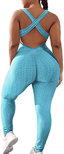 SEASUM Women's Workout Sleeveless Textured Jumpsuit One-Piece Backless Bodysuit Slimming Bodycon Rompers Playsuit XL