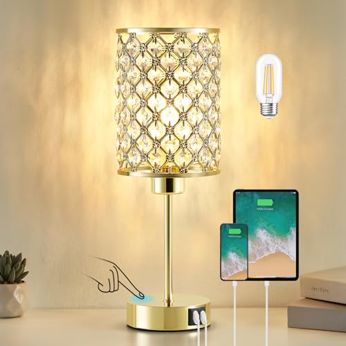 GyroVu Kristall Tischlampe & Nachttischlampe Dimmbare Kristallschirm Touch-Lampe mit USB A+C Ports Gold Kleine Beleuchtung für Wohnzimmer & Schlafzimmer (Glühbirne inklusive)