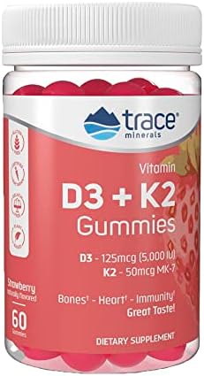 Trace Minerals | Vitamin D3 + K2 Gummies | 5,000 IU D3 + 50 mcg K2 | Vegan, Sugar Free, Gluten Free, Natural Strawberry Flavor | 60 Servings