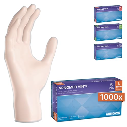 ARNOMED Einweghandschuhe L, Vinyl Handschuhe 1000 Stk (10x100 Stk), Einmalhandschuhe, Handschuhe Einweg puderfrei, Gummihandschuhe Einweg latexfrei, Einweg Handschuhe, Einmalhandschuhe in S, M, L, XL