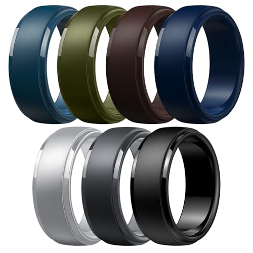 Image of Egnaro Men's Silicone Wedding Rings: Classic Black Step Edge Rubber band 10mm Wide 2.5mm Thick- Hypoallergenic for Gym /Outdoor /Gift(1 /4 /7 Variety Pack with Half Size)