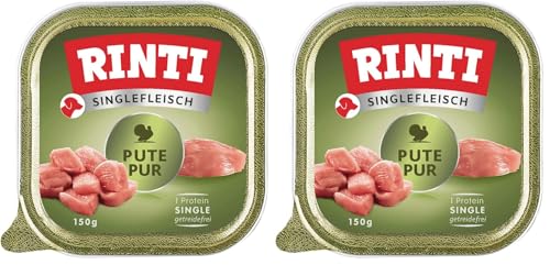 Rinti - Singlefleisch | Nassfutter für Sensible, ausgewachsene Hunde mit 100% Putenfleisch. Alleinfutter in Schälchen ohne Getreide, Kohlenhydrate und künstliche Zusätze | 10x150g Pute Pur