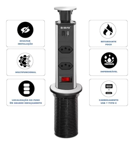 Torre De Tomadas Multiplug com 2 tomadas Usb + Usb C de Embutir Mesa Bancada escritorio