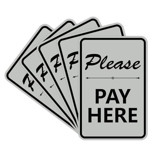 Portrait Round Please Pay Here Sign with Adhesive Tape, Mounts On Any Flat Surface (Lt Gray) - Large (5 Pack)