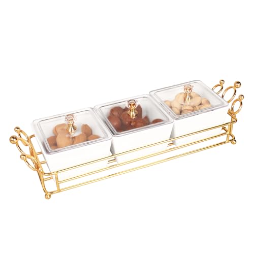 Image of jinsongdafa Ceramic Serving Bowls with lid Metal Dishes, 3 Removable Small Bowls Relish Tray Nuts Dishes for Snack, Fruits, Sugar, Candies - for Parties, Party, Gift