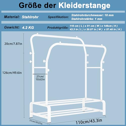 SMILOVII Kleiderständer, Multifunktional Garderobenständer, Freistehender Doppelruten Kleiderbügel für schlafzimmer Kleiderständer, Stabil Kleiderstange mit 8 Haken und 2 Schuhregal metall, weiß