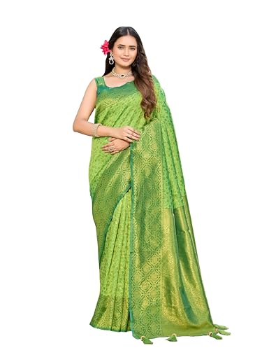 MANOHARI Banarasi Satin Silk Blend Saree for Women Floral Zari Woven Saree with Parrot Green Color and Green B