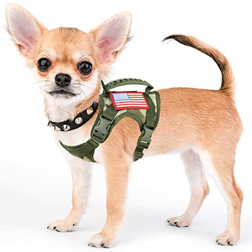 Hanshengday Tactical Service Dog Harness for Small Dogs, Adjustable Military K9 Working Vest with Vertical Handle, Water-Resistant MOLLE Training Gear, Camo, XS