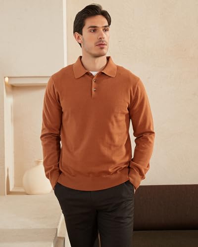 Image of Kallspin Mens 100% Cotton Polo Sweater Long Sleeve Button Down Knit Pullover Relaxed Fit Collared Casual Tops