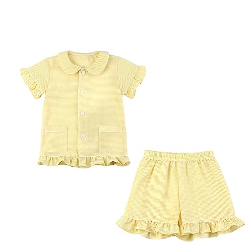 Toddler Girls Summer Ruffle 𝗣a𝗷amas 𝗟oungewear Short Sleeve Lapel Neck Ruffle Edge Striped Clothes with Pockets