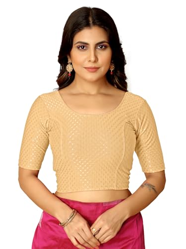 Image of Amazon Brand - Anarva Round Neck Dobby Cotton Lycra Stretchable Elbow Half Sleeve Readymade Saree Blouse for Women Stylish