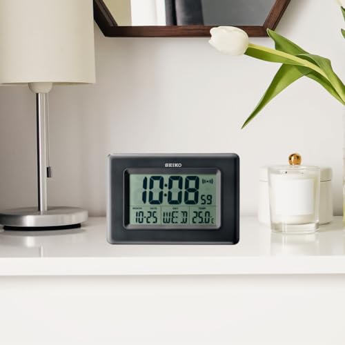Image of Seiko Elegant Rectangular Black Plastic Digital Alarm Table Clock with Calendar, Hygrometer and Thermometer (Size: 25 x 2.7 x 17 CM | Weight: 480 gram | Color: Black)