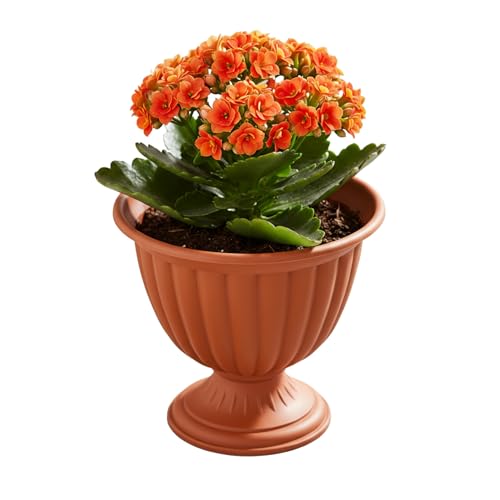 botle Macetero sobre un tallo de 16 cm de diámetro, color terracota, redondo, mate, rayas estriadas, jarrones para tumba, decoración con flores vivas y artificiales