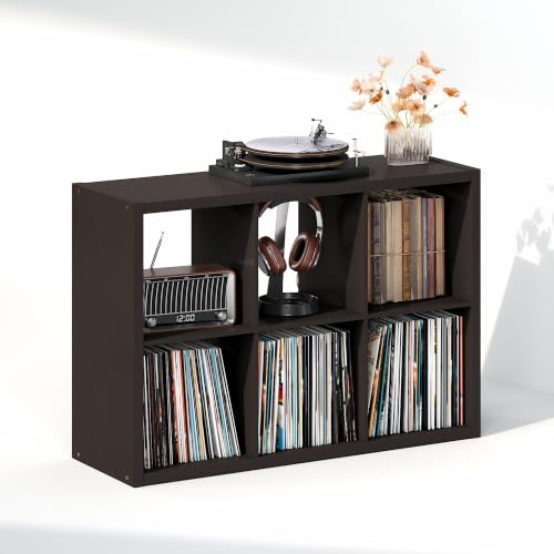 Image of Furinno Cubicle 6-Cube Record Player Stand, Vinyl Record Storage, Black Oak