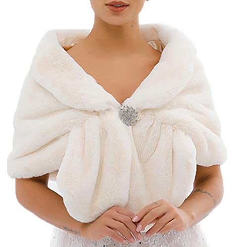Nicute Bride Wedding Fur Shawls Winter Faux Fur Scarves Bridal Fur Stole with Rhinestone Brooch for Women and Girls