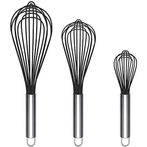 TEEVEA Silicone Whisk,Non Stick Kitchen Whisks for Cooking,Stainless Steel Metal Wire Silicone Rubber Coated Wisk,Heat Resistant & Non Scratch,Perfect for Eggs,Bread Wisking Tool Set of 3,Black