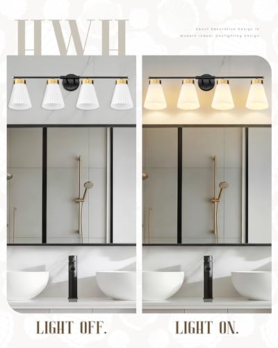 Image of 4-Light Bathroom Light Fixture, HWH 32 Inch Vanity Lights Over Mirror, Modern Sconce Wall Lighting with Frosted Milk White Striped Glass, Black and Gold Finish, 5HZG97B-4W BK+BG