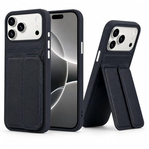 Image of amazon basics Luxury Vegan Leather Back Cover for iPhone 17 Pro Max | Built-in Card Holder Slot | Integrated Mobile Stand | Slim Shockproof Protective Case with Stitched Finish - Blue