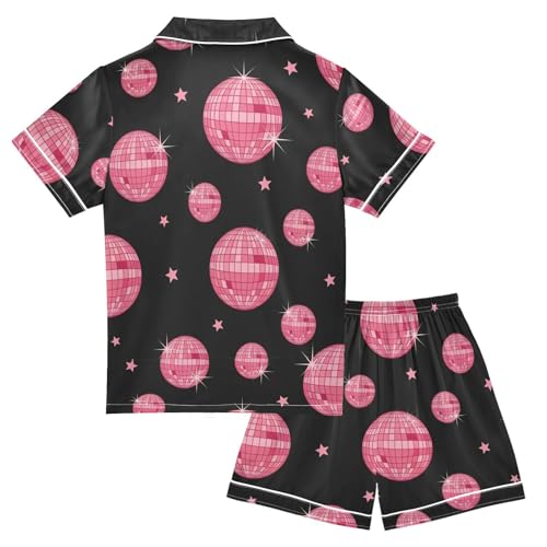 Satin Pajama Sets Short Sleeve Pink Disco Balls Pattern Button Down Silky Nightwear 2 Piece PJS 5-14Y2