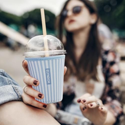 Image of Reusable Insulated Sleeve for Iced Coffee Cup, Coffee Neoprene Sleeve for Cold & Hot Drinks, Beverage Holder for Iced Coffee (Blue Stripes, Large: 32oz)