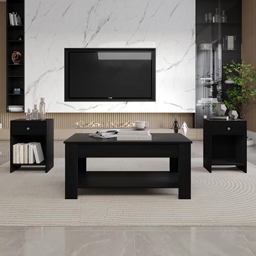 HOME DESIGN Magnolia 3 Piece Coffee Table Set, Lift-Top Coffee Table with Hidden Storage and 2 End Tables, Living Room Wood Furniture, Black