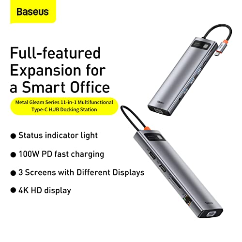 Image of Baseus Metal Gleam 11-in-1 USB-C Hub Docking Station | Dual HDMI 4K, VGA, RJ45, 100W PD, 3xUSB 3.0, SD /TF, AUX Audio | Triple Display Type-C Adapter for MacBook, Windows, and Laptops (Grey)