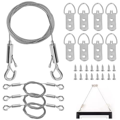 Elyyapt 4 PCS Picture Hanging Wire 2mx1.5mm Picture Hanging Cord Mirror Hanging Kit Heavy Duty Stainless Steel Wires Rope with D Rings Hangers Screws for Potted Plants Curtain Photo Frame, Up to 60lbs