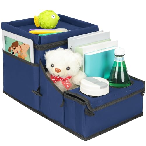 Image of Backseat Organizer for Kids & Adults - Car Seat Cooler Warmer with 2-in-1 Writing Tray, Cup Holders & 11 Storage Compartments | Road Trip Car Organizer for Front & Back Seat (Black) (Navy Blue)