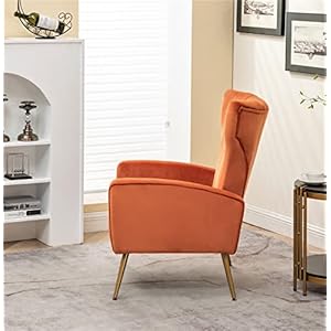 Armchair modern velvet accent chair channel tufted bedroom office or living room furniture with elegant metal legs orange red  urban country home decor