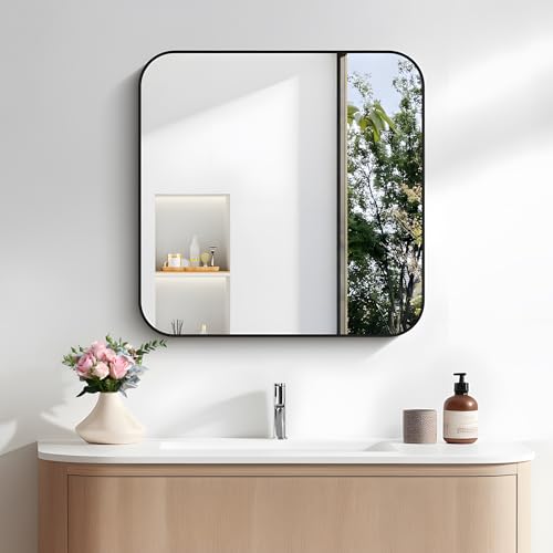 FORBATH Bathroom Mirror for Over Sink 24x24 Inch Black Square Wall Mirror with Metal Frame Rounded Corners for Bathroom Bedroom Entryway Dcor
