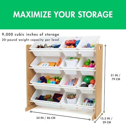 Image of Humble Crew Toy Storage Organizer with 12 Removable Storage Bins for Kids Playroom, 4-Tier Toddler Toy Organization, Natural /White