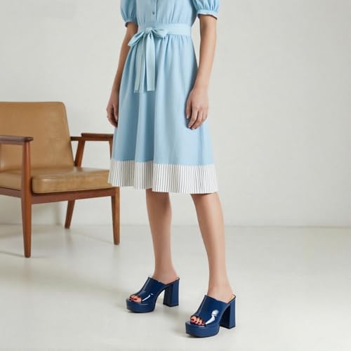 Image of Women Square Open Toe Platform Chunky Heel Slide Sandals | Slip On High Heel Dress Sandals, Elegant Formal Footwear For Wedding Club Evening Party Events