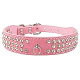 Correas para Perros Collares de Perro de Cuero de Gamuza con Diamantes de imitación de 3 Filas Collar de Cachorro de Gato con Diamantes de Cristal 6 Colores 4 tamaños-Rosado_L