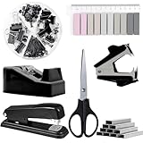 Büroartikel Set, Lila Schreibtischzubehör 10 Kit, Schreibtisch Set mit Entklammerer, Heftklammern, Heftklammerentferner Tesafilm Abroller Schere Bandmaß Allzweckmesser Clip Haftnotizen (Schwarz)