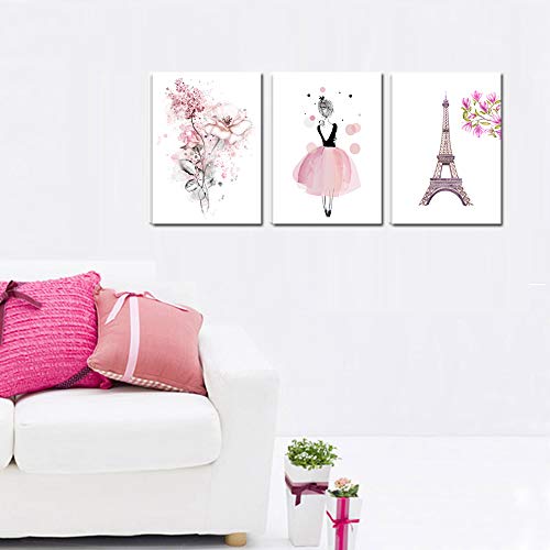 Cute Pink Ballerina Dancer Girl Prints Paris Tower Flower Canvas Art Prints For Bedroom Playroom Wall Art Decor Prints Kids Girls Room Decoration,12X16Inchx3 (Pink) #TOP2