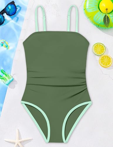 Image of Shallmu Girls One Piece Swimsuits Color Block Dual Crossback Straps with Cover Up Skirt Girl's Swimwear 9-16Y