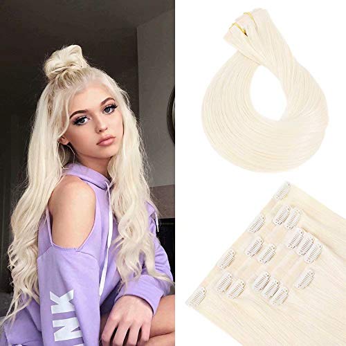 Maxfull Seamless Hair Extensions Clip in #60 Platinum Blonde with Water-Droplet Clips, Remy Hair Extension Clip On Human Hair, 7pcs, 22inch, 110g