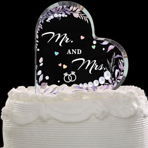 Purple Leaves Acrylic Wedding Cake Topper, Mr & Mrs Heart