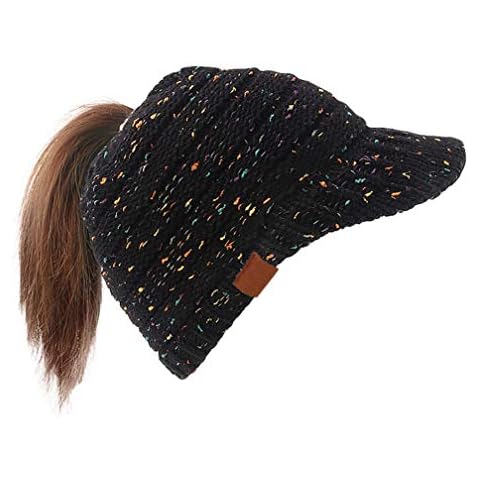 Dukars Women's Warm Chunky Cable Knit Messy Bun Hat Ponytail Visor Beanie Cap (Confetti Black) Cover
