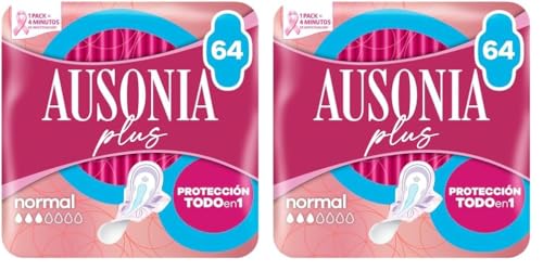 Ausonia Plus Normal, 64 Compresas con Alas, Protección Todo en Uno (Paquete de 2)