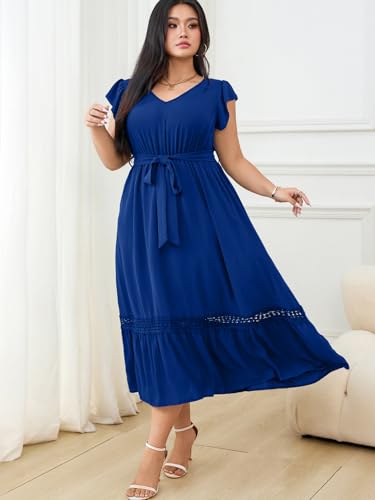 Image of RWJ Women Plus Size Summer Maxi Dress V Neck Cap Sleeveless Cocktail Casual Dresses with Belt
