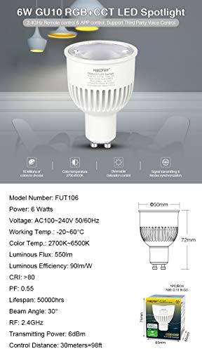 LGIDTECH FUT106 Miboxer 6W 2.4GHz WiFi Led Spot Light Bulb GU10 AC RGB CCT Color Changing,Temperature Adjustable,Memory Funtcion.APP & Alexa Voice Control via hub(Excluded) - Image 2