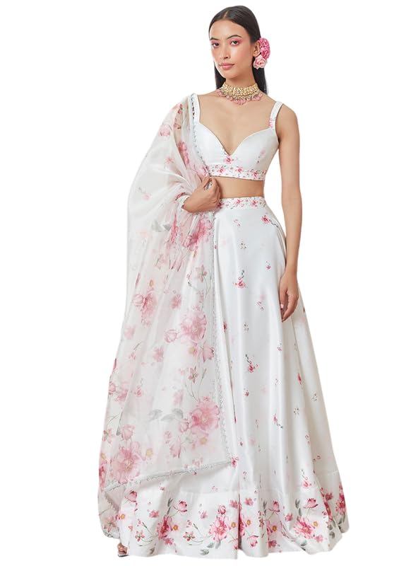 kaizen texo fab White Satin Silk Lehenga Choli Set for Women | Floral Print with Organza Dupatta & Sequin Lace | Semi-Stitched Lehenga with Cancan & Cotton Inner | Heavy Silk Blouse Piece-picture-39