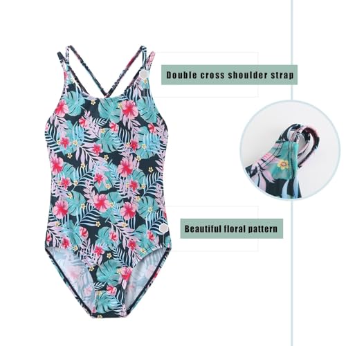 Image of Girls One Piece Swimsuits,Girls Bathing Suits with Adjustable Straps,Kids Hawaiian Floral Swimwear 3-16 Years