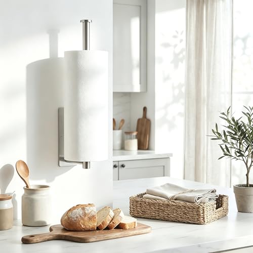Image of Paper Towel Holder Under Cabinet, Self Adhesive Paper Towel Roll Holder Stick on Wall, Stainless Steel Towel Bars for Kitchen, Bathroom, RV