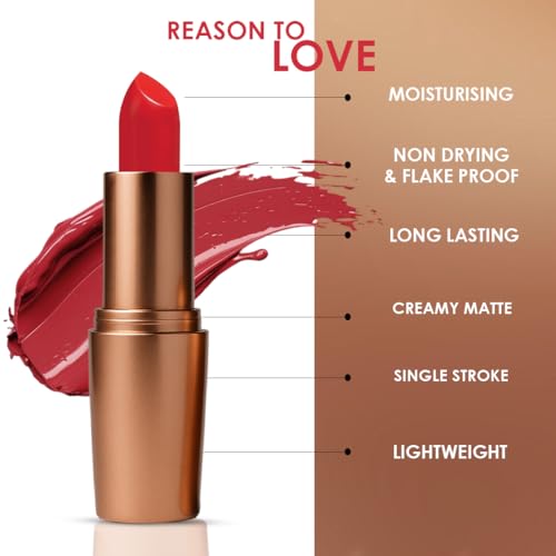 Image of One Wish Creamy Matte Lipstick - Red Flag Shade 27 | Long Lasting | Full Coverage | Creamy Formula | High Pigment | SPF | Enriched with Vitamin E, Almond Oil & Shea Butter | 8 Hrs Wear | Smooth Finish | 3.8 gm