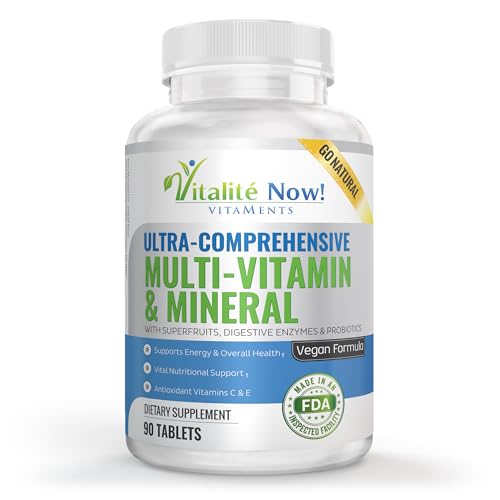Vegan Whole Food Multivitamin & Mineral - Vitamins A B1 B2 B6 B12 C D3 E & 110 Super Foods, Herbs, Greens & Reds - Enzymes & Probiotics for Immune Support - Energy Boost - 90 Tablets