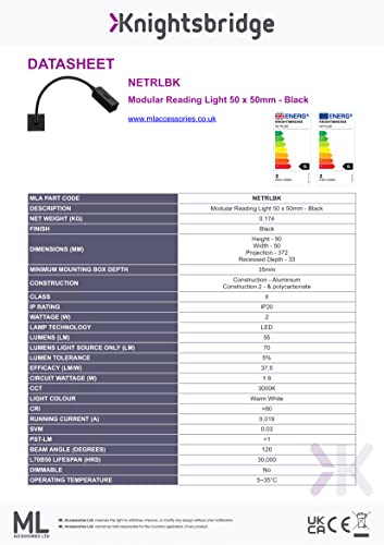 Knightsbridge Modular Reading Light 50 x 50mm - Black, Euro Module Light - Image 3