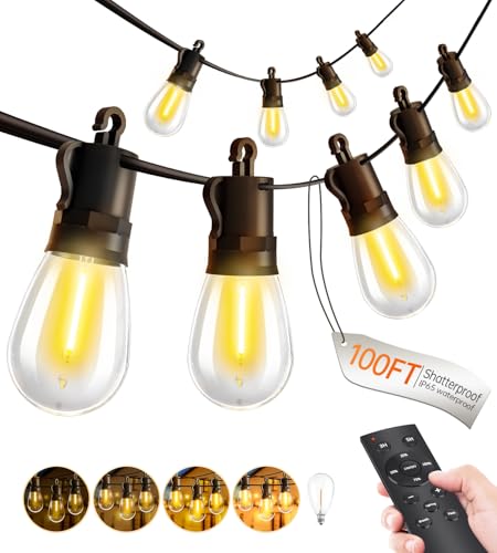 TBOSW Outdoor String Lights Patio LED Light Outside - 30M 28+2 S14 LED with Remote Control 100ft Porch Lighting IP65 Waterproof